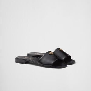 Prada Black Leather Sandals Silver Logo